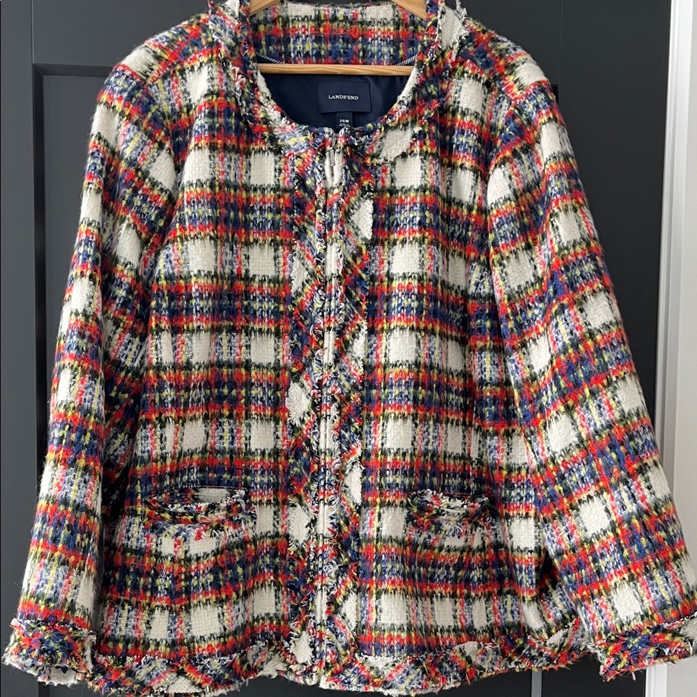 Lands' End Women’s Plaid Jacket with Red and Blue Accents